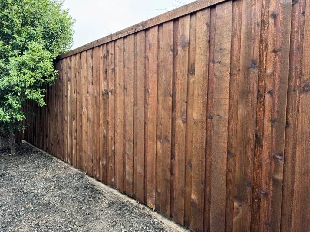 Board-on-board cedar wood fence installed in a Dallas backyard